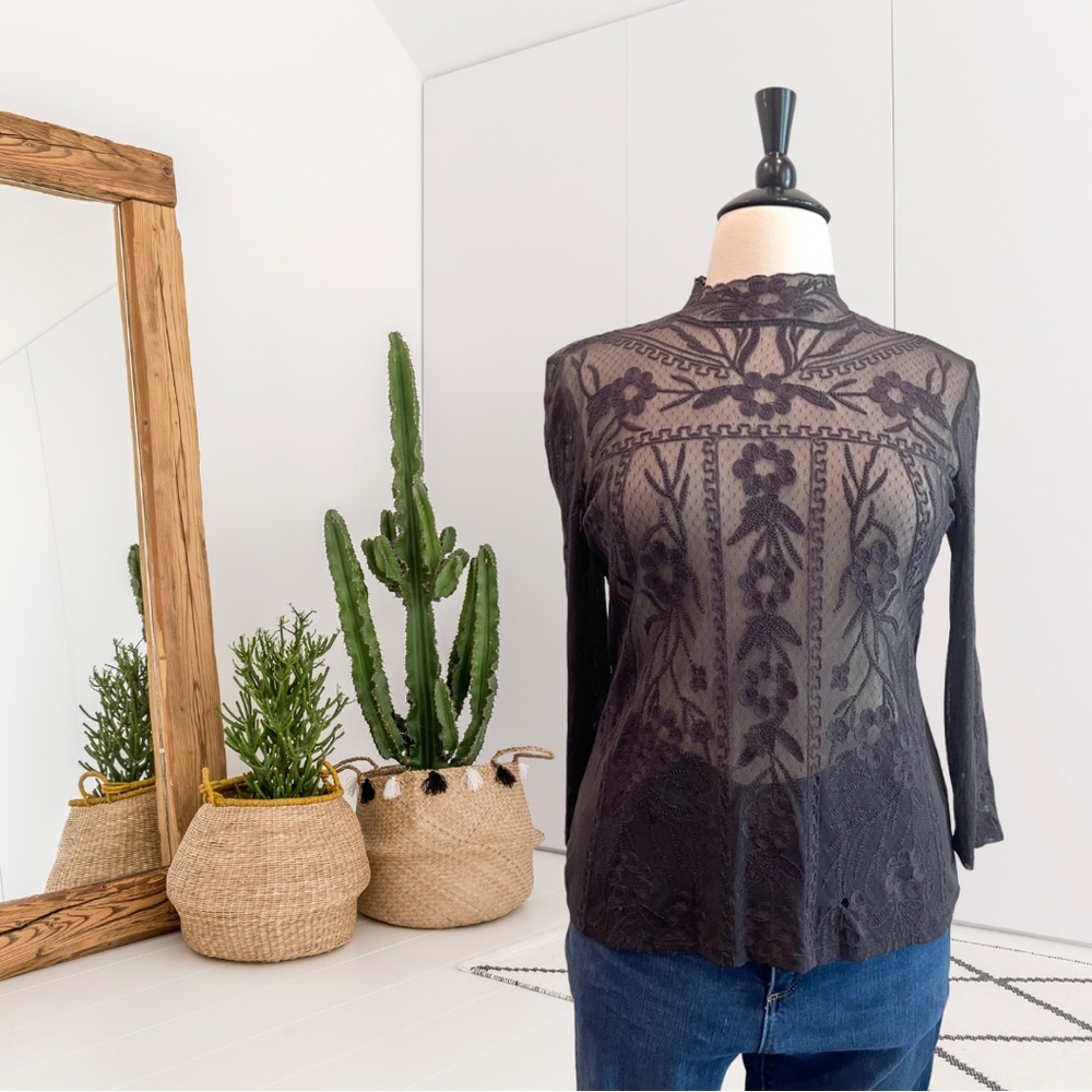 Sundance 3/4 Sleeve Sheer Lace Mock Neck Top